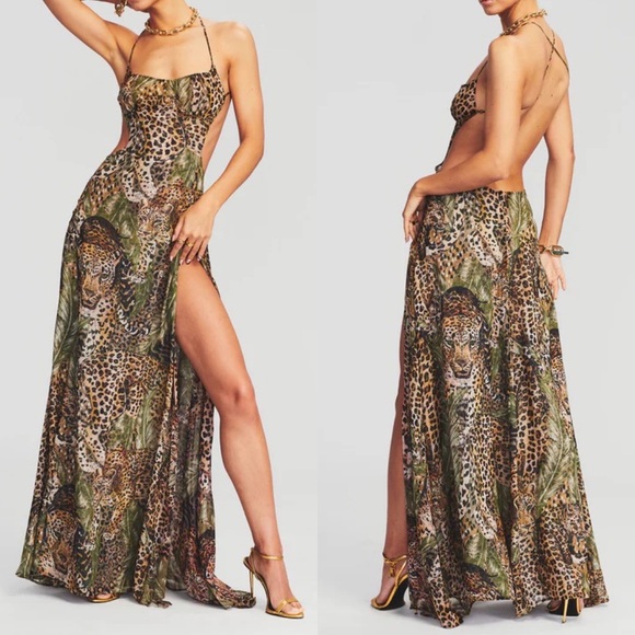 Retrofete jungle leopard print silk open back cut out maxi size small - Picture 1 of 9